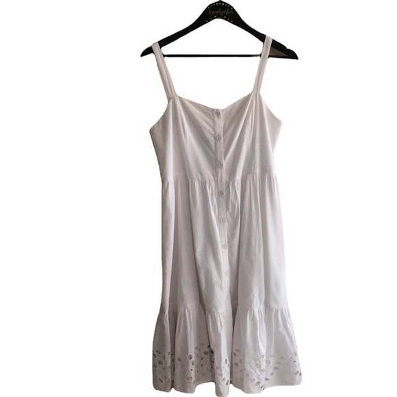 French Connection White Ancolie Border Button Front Sleeveless Eyelet Mini Dress - Picture 3 of 12